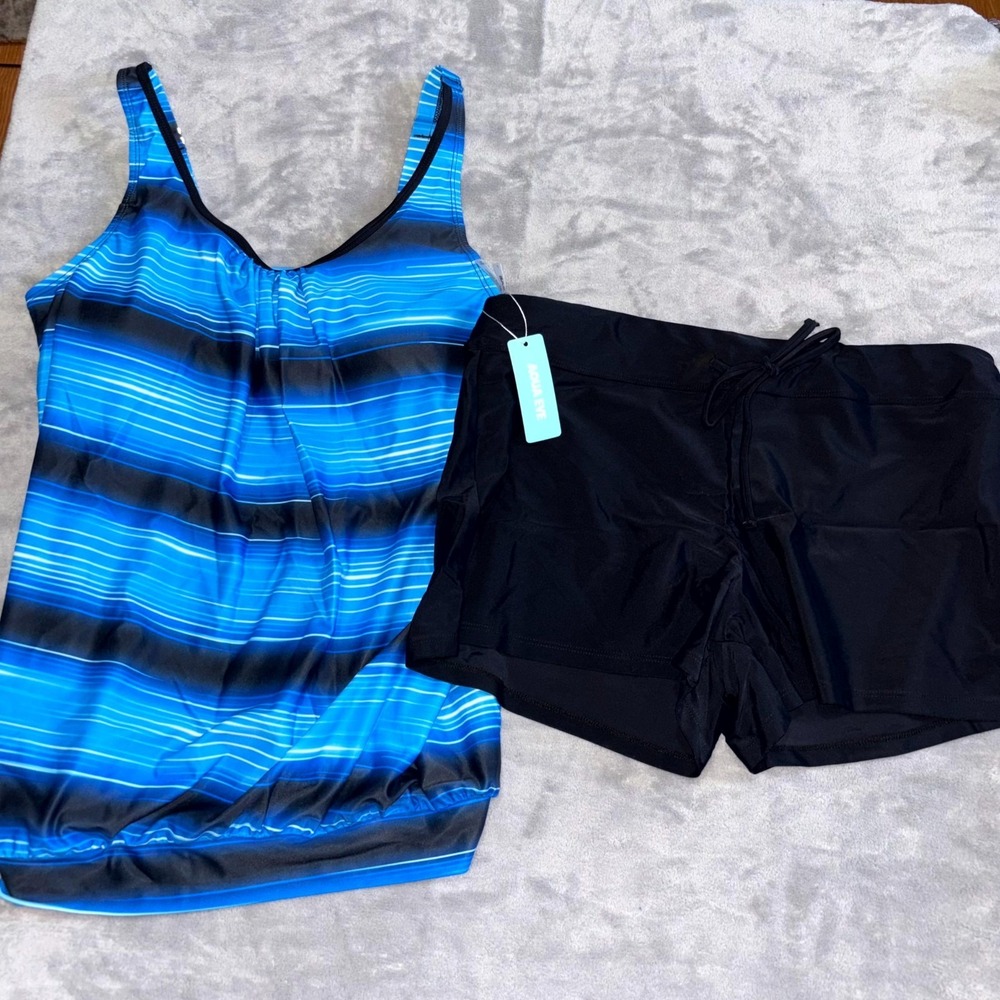 Aqua Eve Swimsuit Tankini Set‎ Womens Large Blue Black Striped Built In Brief